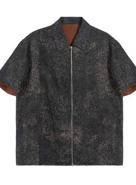 男士夏季新中式拉链短袖外套 桑蚕丝几何纹红云纱-D513006