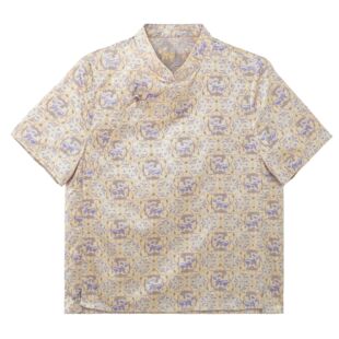 新中式 上衣立领宽松提花短袖 薄款 F25277 桑蚕丝夏季 小衫 杏雅