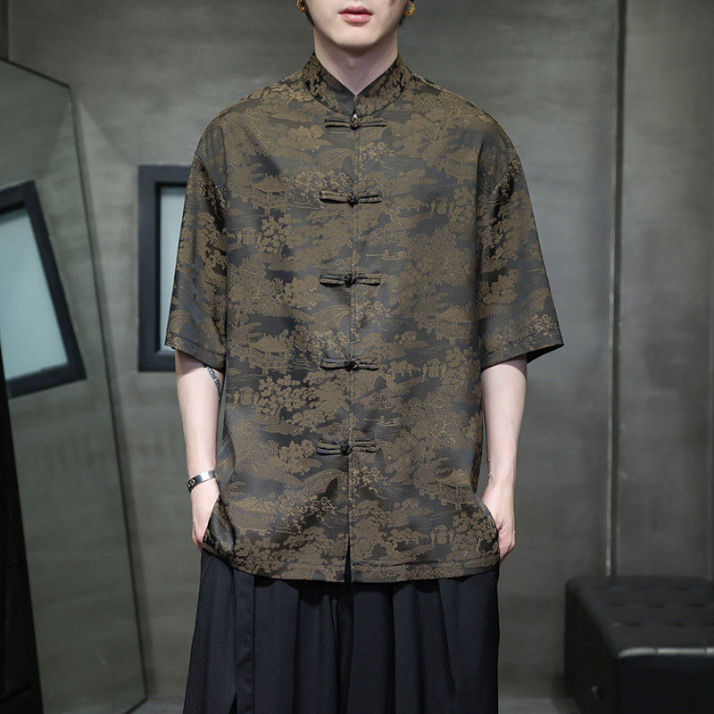 夏季薄款大码男士中国风唐装手工盘扣短袖衬衫休闲立领汉服中式,男装,汉服,淘宝优惠券,粉丝福利购,淘宝优惠卷
