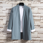 秋季 对襟道袍改良汉服披风中国风棉麻茶艺禅服男复古风衣开衫 外套