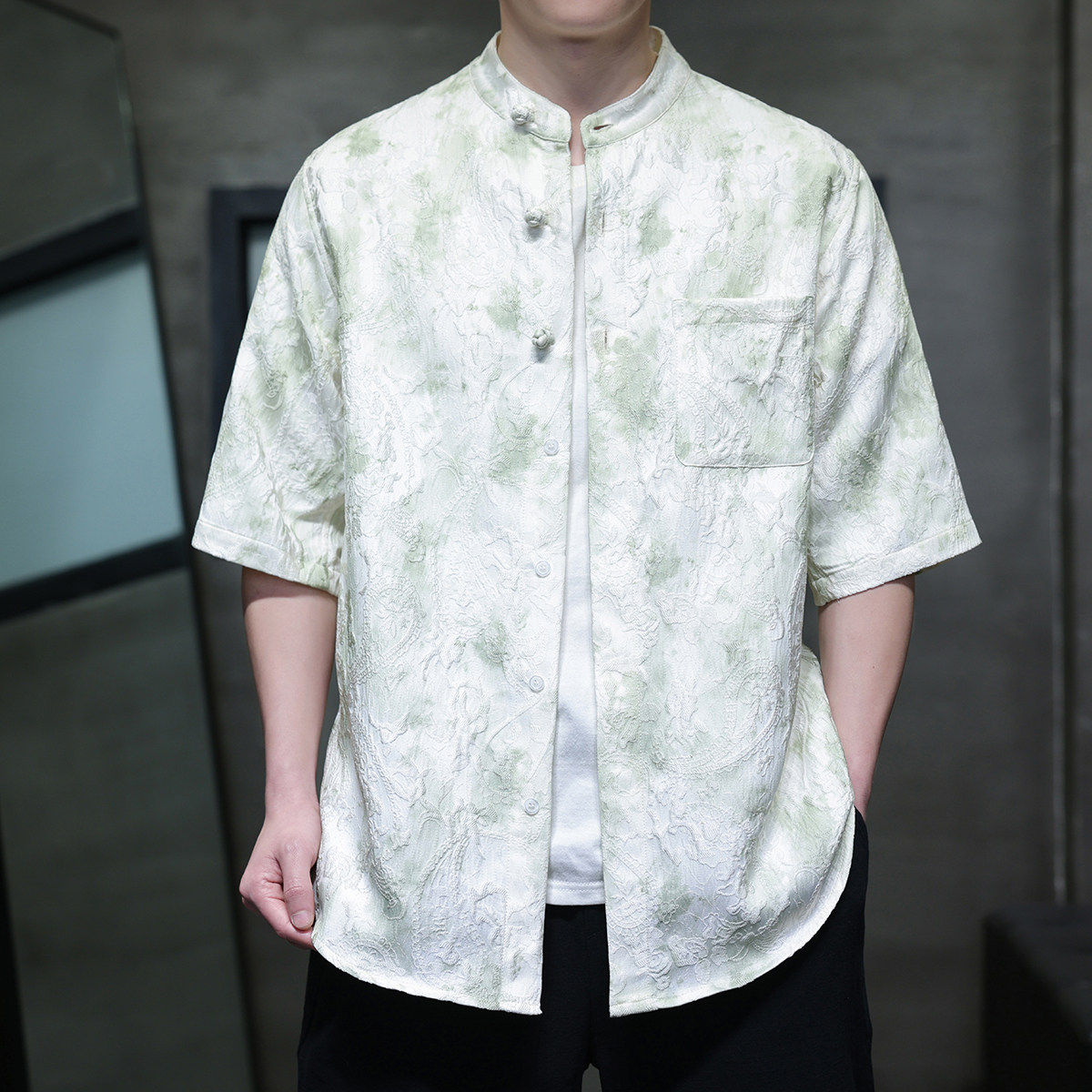 透气扎染中国风盘扣衬衫休闲立体提花宽松短袖立领单排扣,男装,汉服,淘宝优惠券,粉丝福利购,淘宝优惠卷