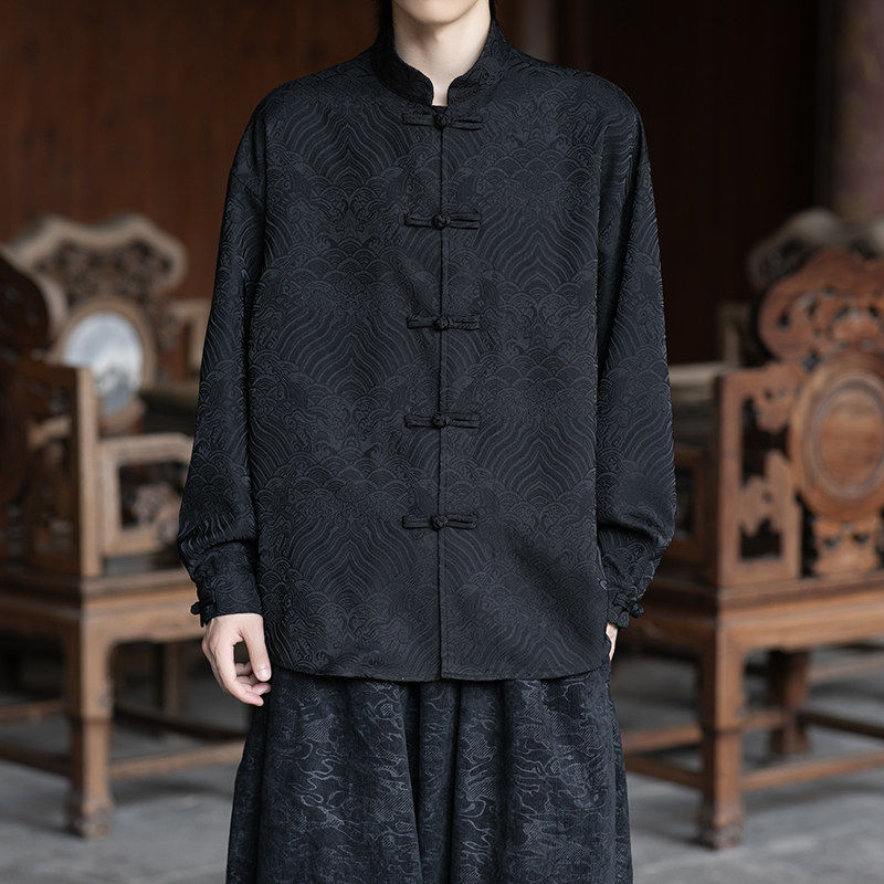 中国风暗纹衬衫纯色长袖休闲汉服立领青年盘扣单排扣衬衫,男装,汉服,淘宝优惠券,粉丝福利购,淘宝优惠卷