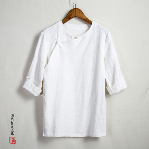 男式茶服秋季粗布麻衣七分袖唐装