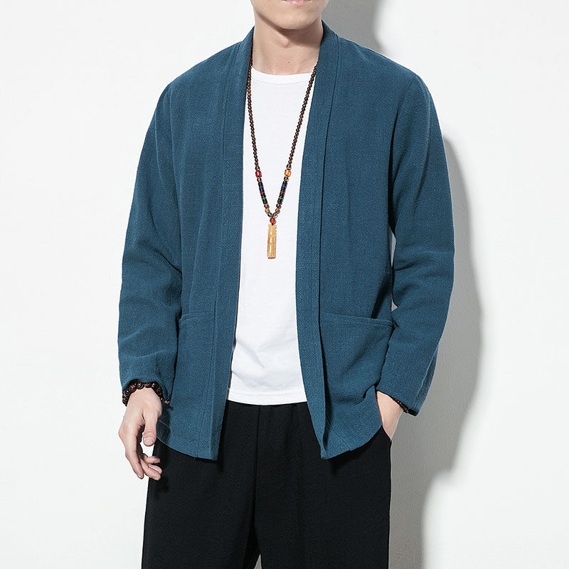 春秋复古棉麻唐装开衫外套男士短款风衣中式亚麻改良宽松汉服披风