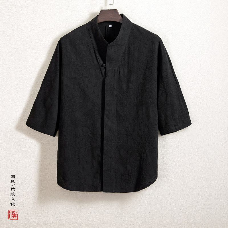 春夏新款中国风男装棉麻提花男士五分袖衬衫休闲青年汉服短袖,男装,汉服,淘宝优惠券,粉丝福利购,淘宝优惠卷