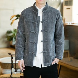 冬季羽绒服男中国风条绒立领唐装复古灯芯绒加厚外套