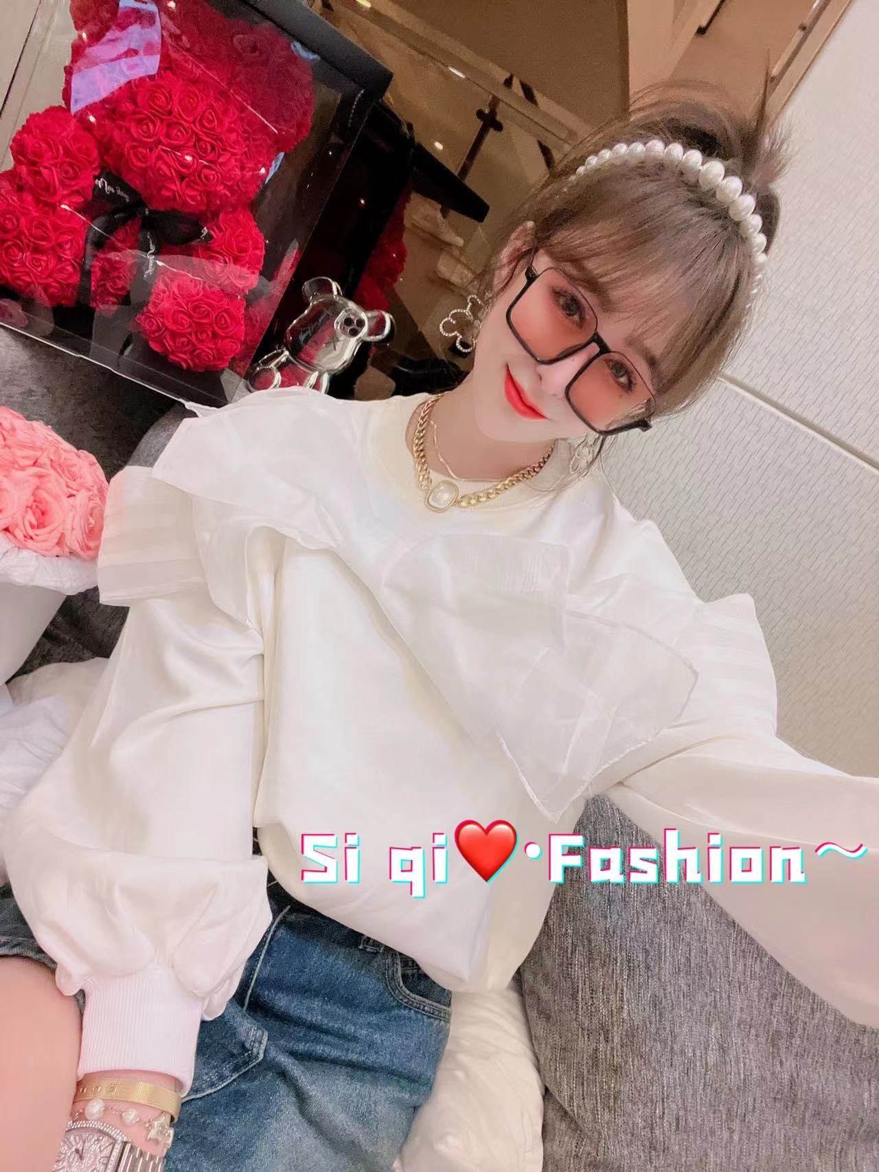 欧洲站2024新款休闲韩版甜美蝴蝶结灯笼袖圆领卫衣女