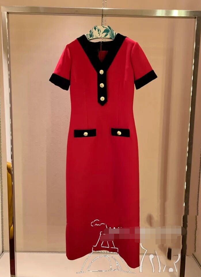 新款女士简约大气长裙绉纱V领撞色拼接红色修身连衣裙女