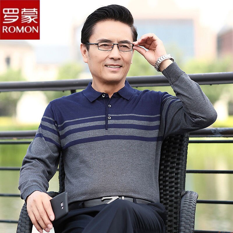 罗蒙夏季薄款爸爸polo衫上衣中老年男长袖t恤春秋爷爷老人打底衫