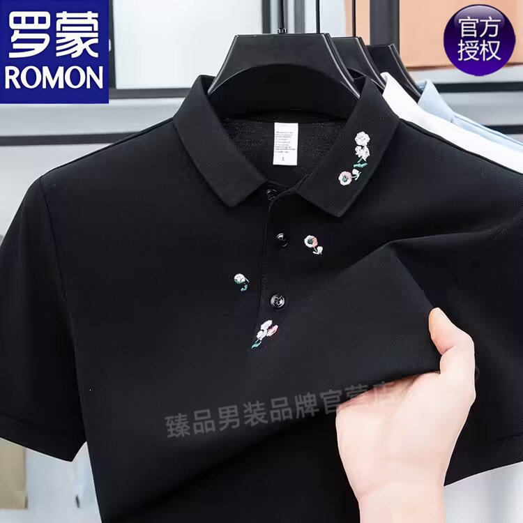 罗蒙2026新款黑色花卉刺绣polo衫短袖男士夏季透气t恤翻领薄半袖