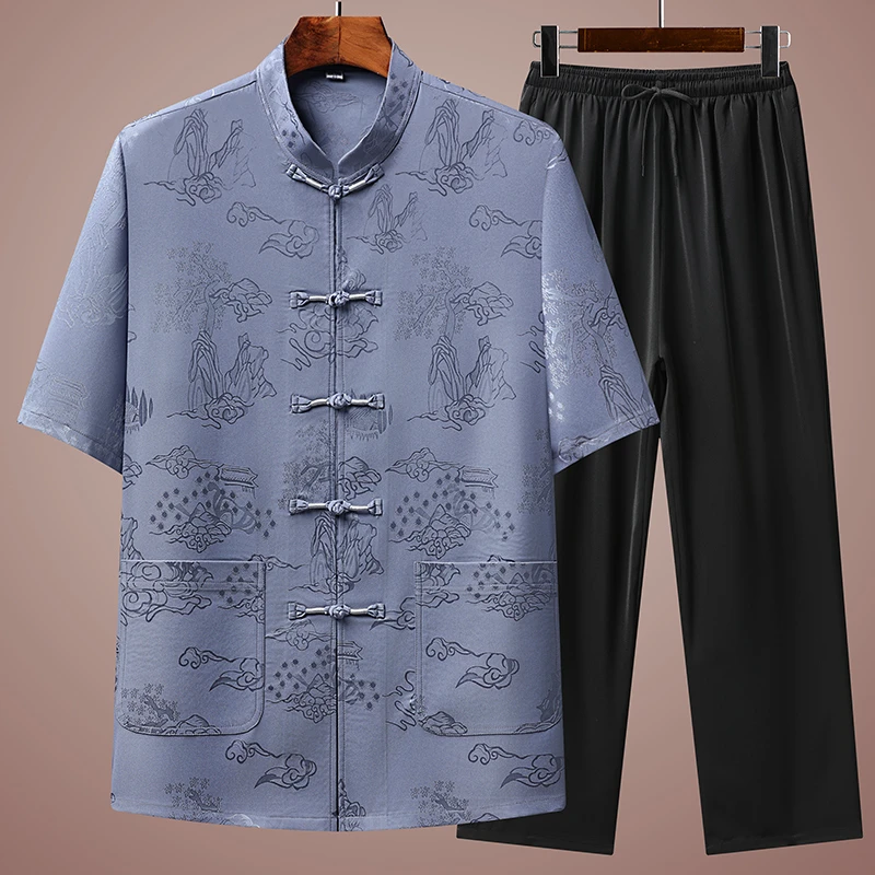 2025新中式夏季中老年唐装新款爷爷短袖套装婚宴过寿中国风爸爸装