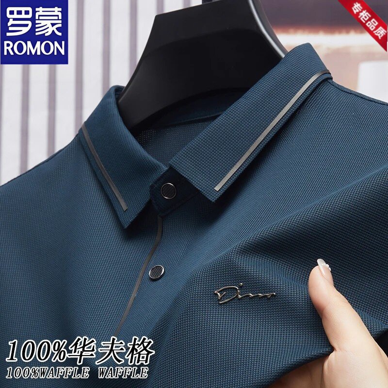 罗蒙男士春秋季华夫格长袖POLO衫