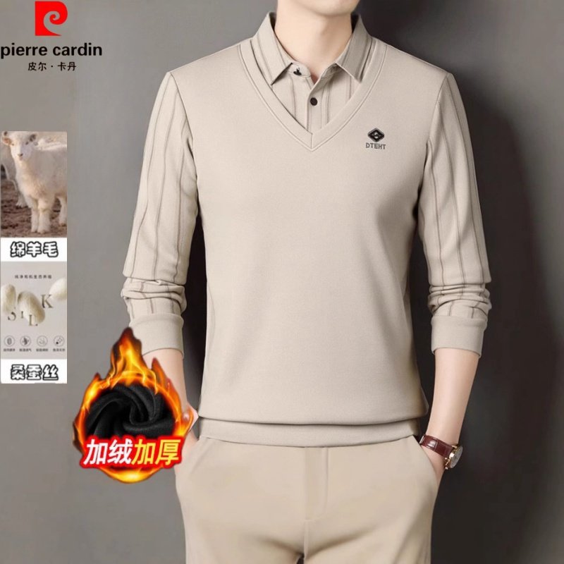 皮尔卡丹冬季新款假两件加绒加厚Polo衫男士中年保暖羊毛打底衫
