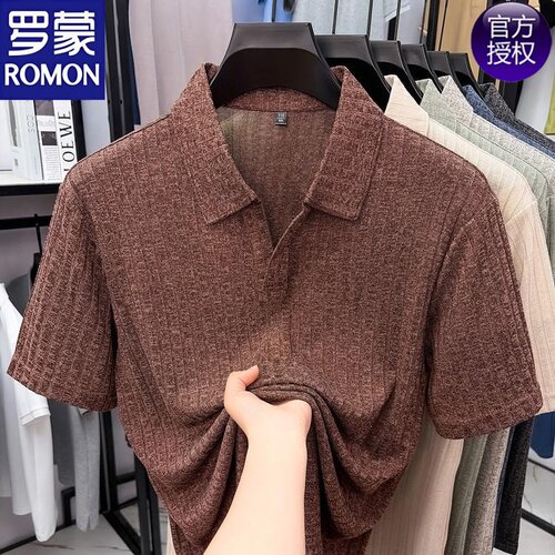 罗蒙老钱风V领薄款短袖polo衫男
