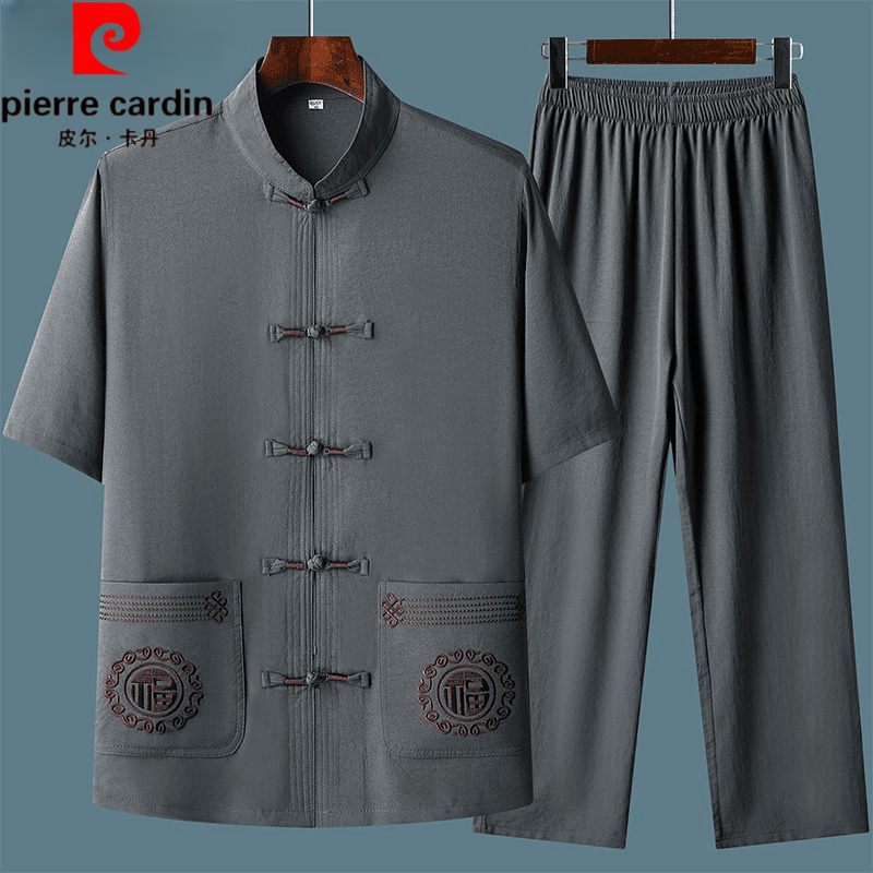 皮尔卡丹中老年人唐装男爸爸夏装中国风套装爷爷装短袖晨练汉服