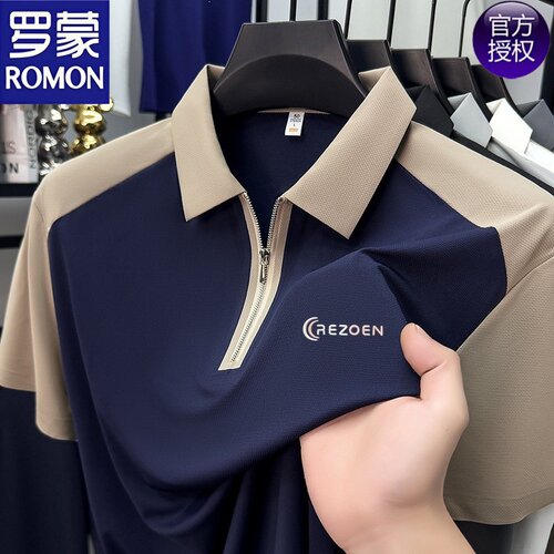 罗蒙夏季新款拉链翻领短袖POLO衫