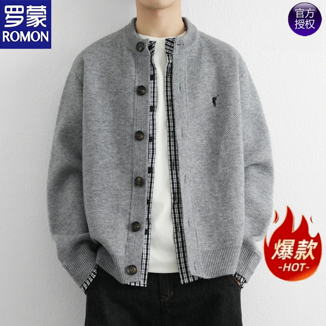 罗蒙春秋假两件针织开衫男士青年休闲圆领格子拼接百搭毛衣外套
