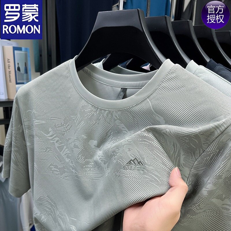 罗蒙2026新款短袖t恤男士夏季冰丝凉感半袖宽松圆领时尚男装上衣