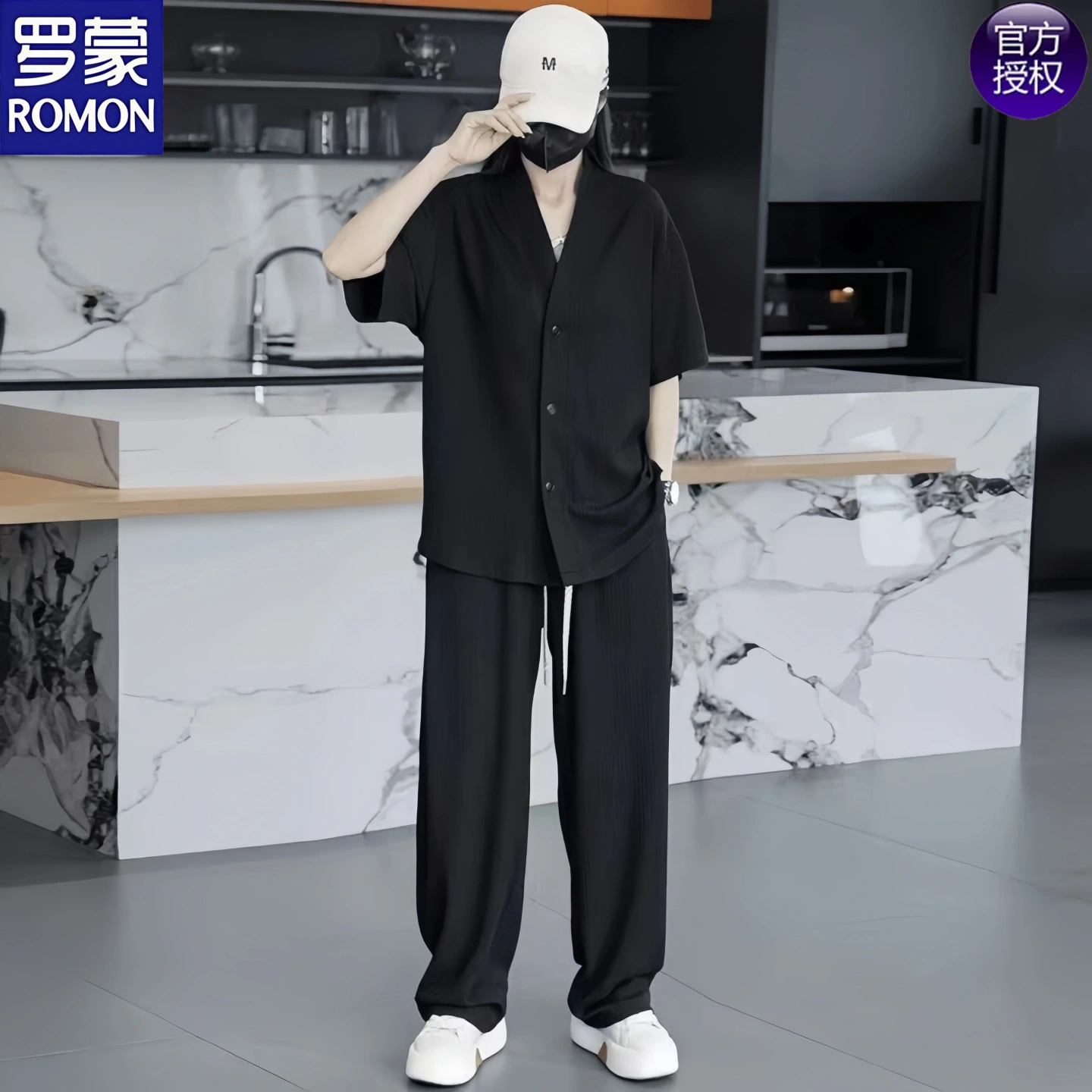 罗蒙男士夏季薄款透气垂感套装短袖衬衫长裤两件套高级潮流套装