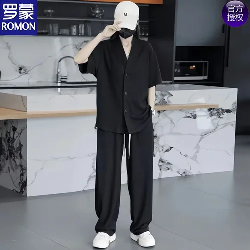 罗蒙男士夏季薄款透气垂感套装