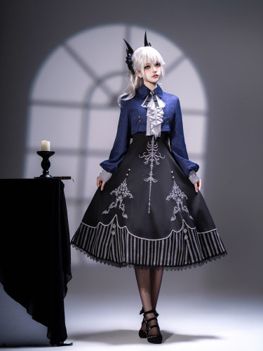 Lolita骨语原创暗黑系复古优雅中长款披肩连衣裙吊带裙春秋款套装