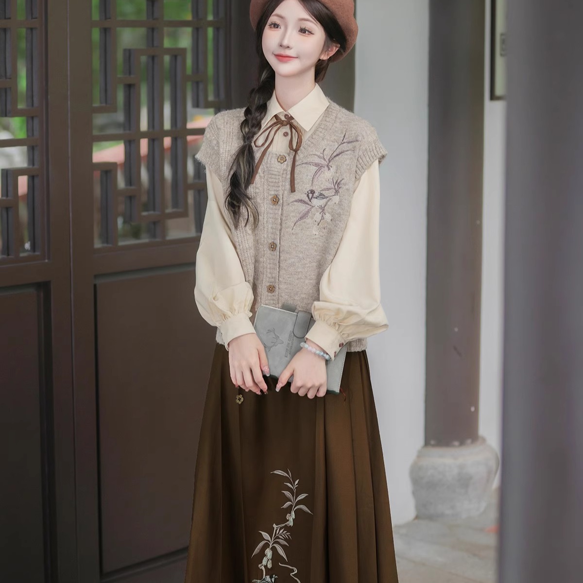 枇杷书原创针织马甲半身裙