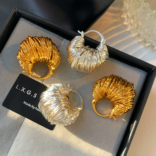 法式复古金银色牛角包耳环女气质轻奢高级感独特耳饰2026新款爆款