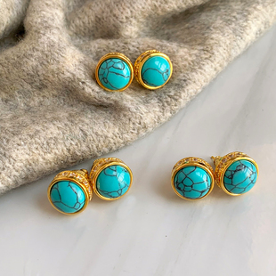 欧美新中式复古青松石耳钉女2024新款爆款小众设计高级感耳环耳饰