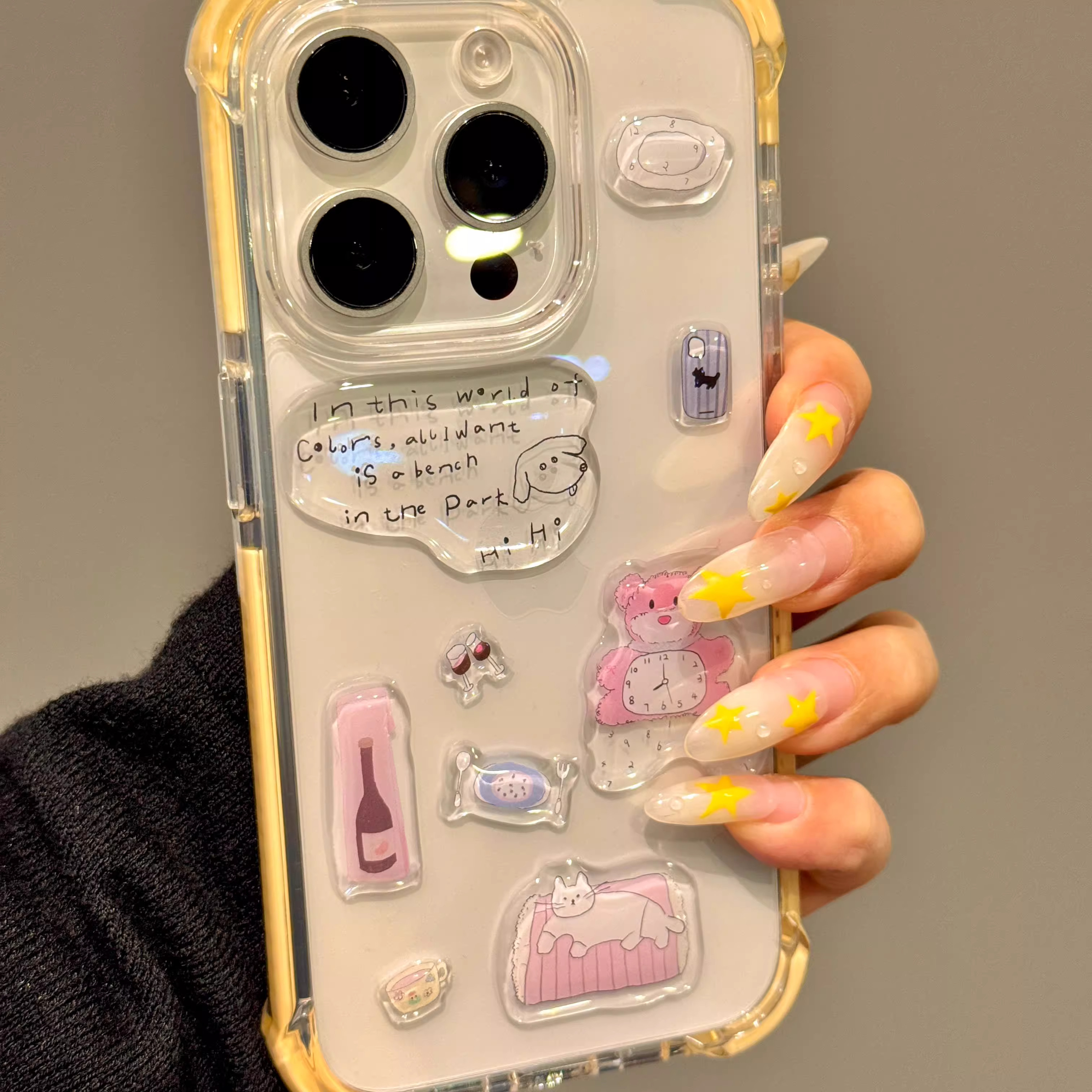 创意diy适用于iPhone16promax手机壳新款奶黄边框苹果16透明气囊滴胶15plus立体小熊贴纸14全包防摔13高级