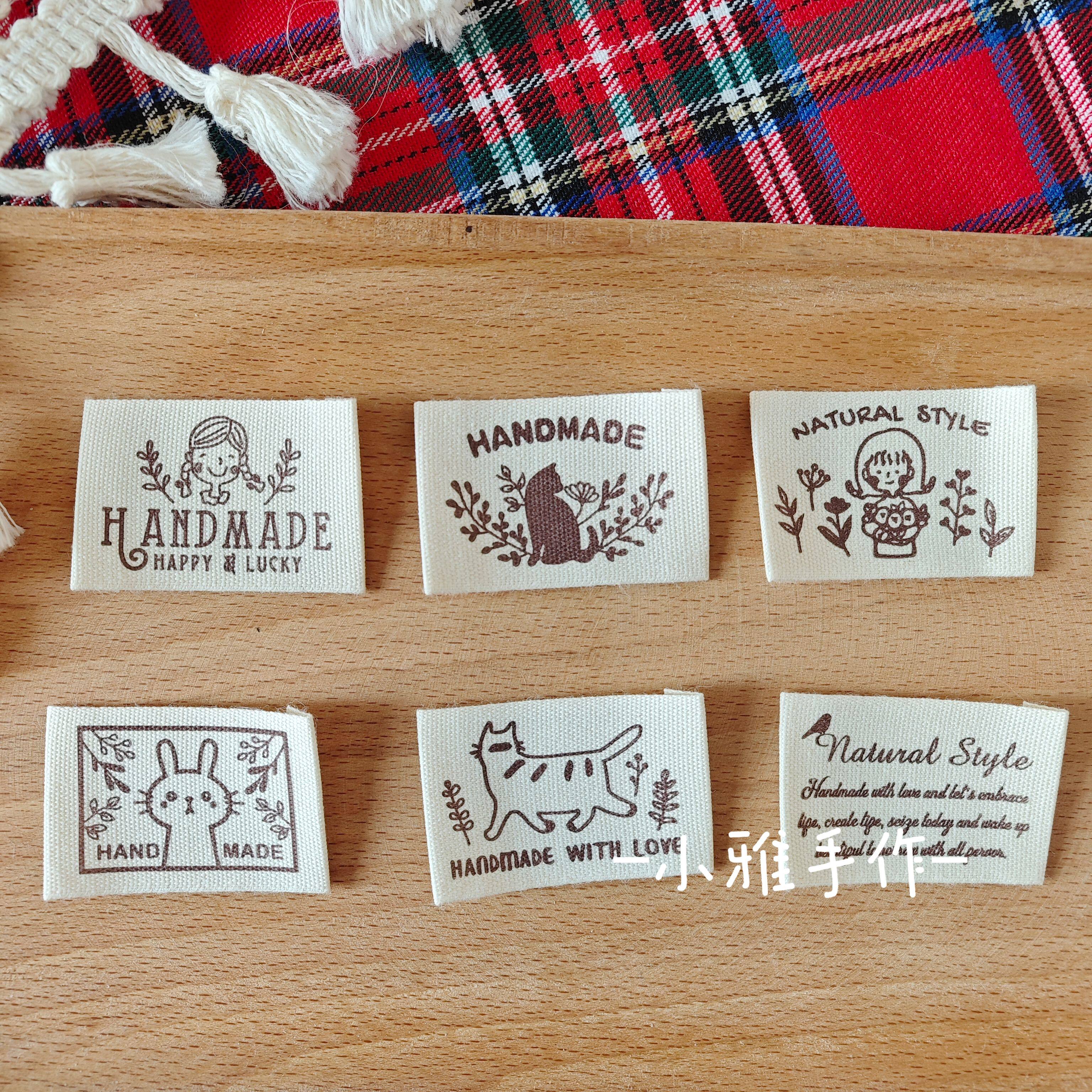 织标布贴纯棉手工布标折边咖啡色女孩猫咪兔子英文花朵布艺辅料