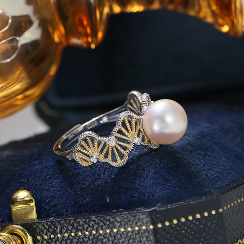 DIY配件 S925纯银双色珍珠戒指空托配饰洋气轻奢指环戒托材料7-10