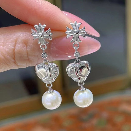 DIY配件 S925纯银珍珠耳环空托 长款个性耳钉耳坠银托7-12mm