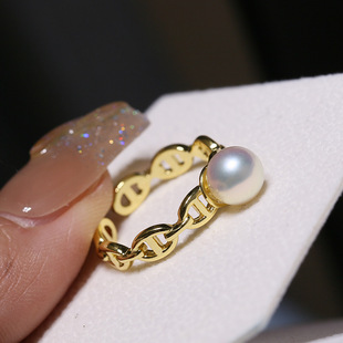 diy配件 S925纯银镂空猪鼻子珍珠戒指空托配饰流行款指环戒托银托