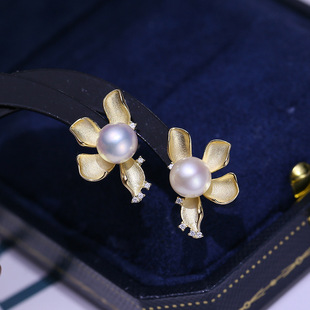 diy配件 S925纯银珍珠耳钉空托半成品 花朵款磨砂耳环银托材料6-8