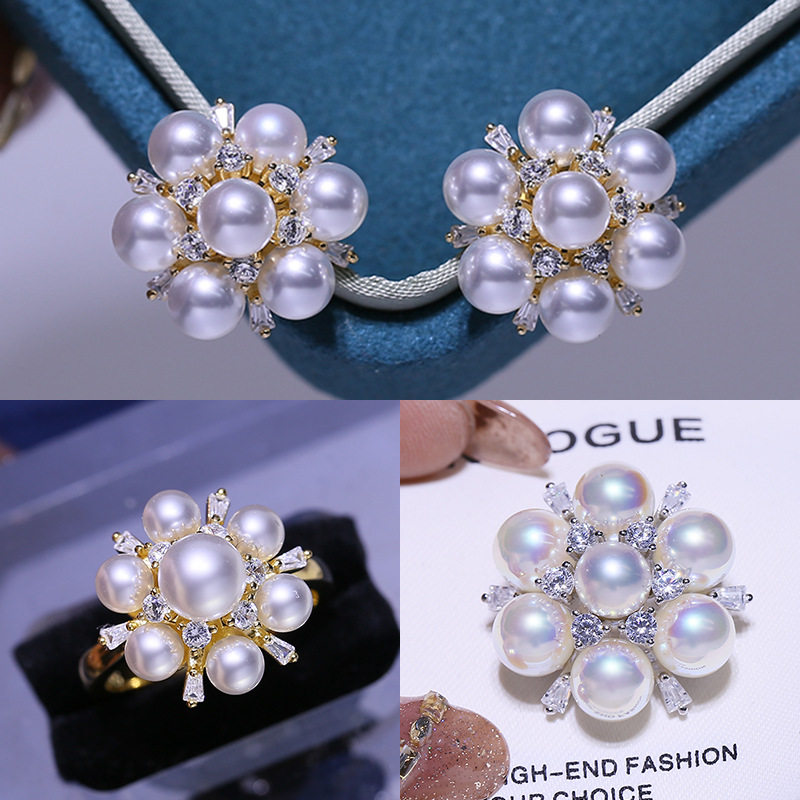 S925纯银珍珠耳钉吊坠戒指套装