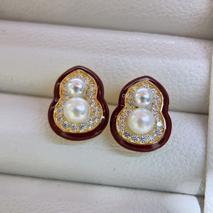 DIY配件 S925纯银双珠福禄葫芦珍珠耳钉耳环空托耳坠银托3-5mm