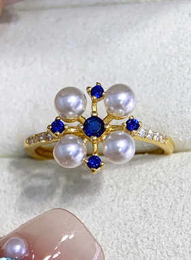 DIY配件S925纯银轻奢蓝钻珍珠戒