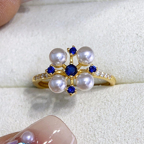 DIY配件S925纯银轻奢蓝钻珍珠戒