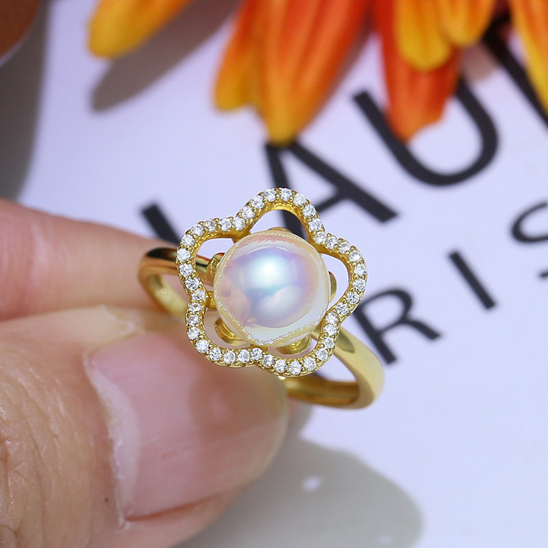 diy配件S925纯银花朵珍珠戒指空托材料 手工指环戒托半成品银托