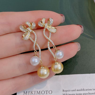 diy配件 S925纯银时尚洋气珍珠耳钉耳环空托 双珠耳坠银托半成品