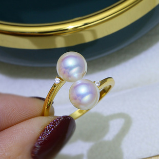 diy配件 S925纯银时尚双珠戒指珍珠空托配饰 半成品指环戒托材料