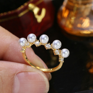 DIY配件 S925纯银优雅珍珠戒指空托 多珠排钻指环戒托半成品3-4mm