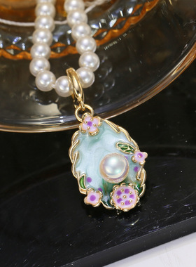 DIY配件 S925纯银油画珍珠吊坠空托 复古项坠扣头银托可打开5-6