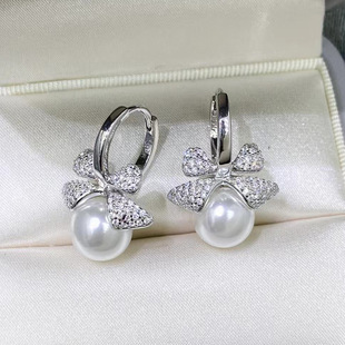 DIY配件S925纯银甜美高级感蝴蝶结珍珠耳环耳扣空托耳坠饰品银托
