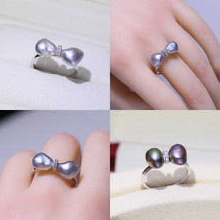 DIY配件 S925纯银珍珠戒指空托甜美蝴蝶结巴洛克指环戒托配饰材