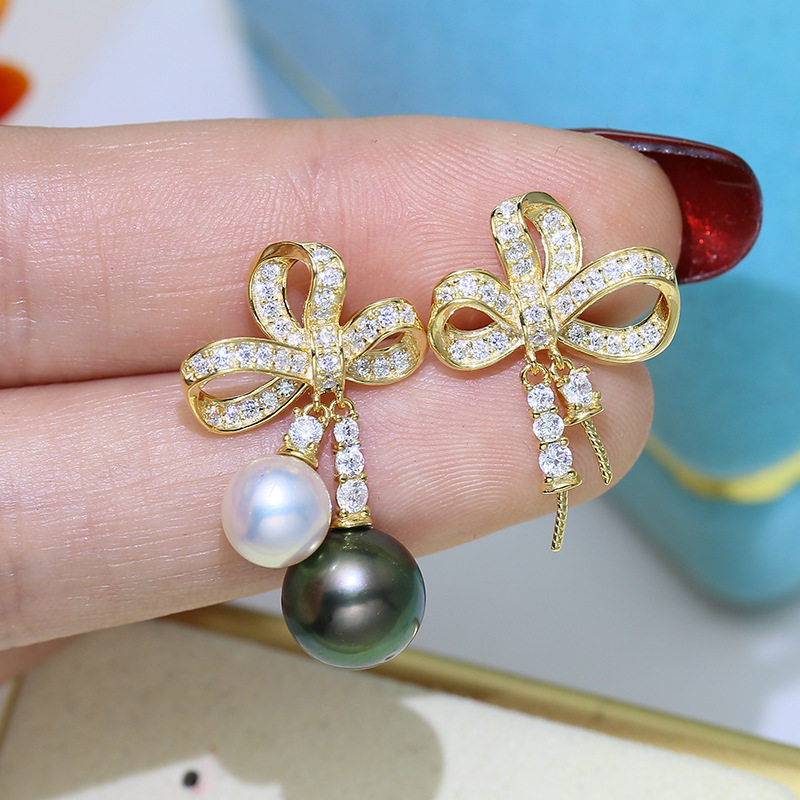 DIY配件 S925纯银时尚双珠耳坠银托 珍珠耳钉耳环空托配饰女 手工