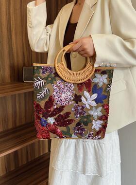 新中式国风花朵竹节菜篮子水桶刺绣珠片亮片通勤单肩手提包