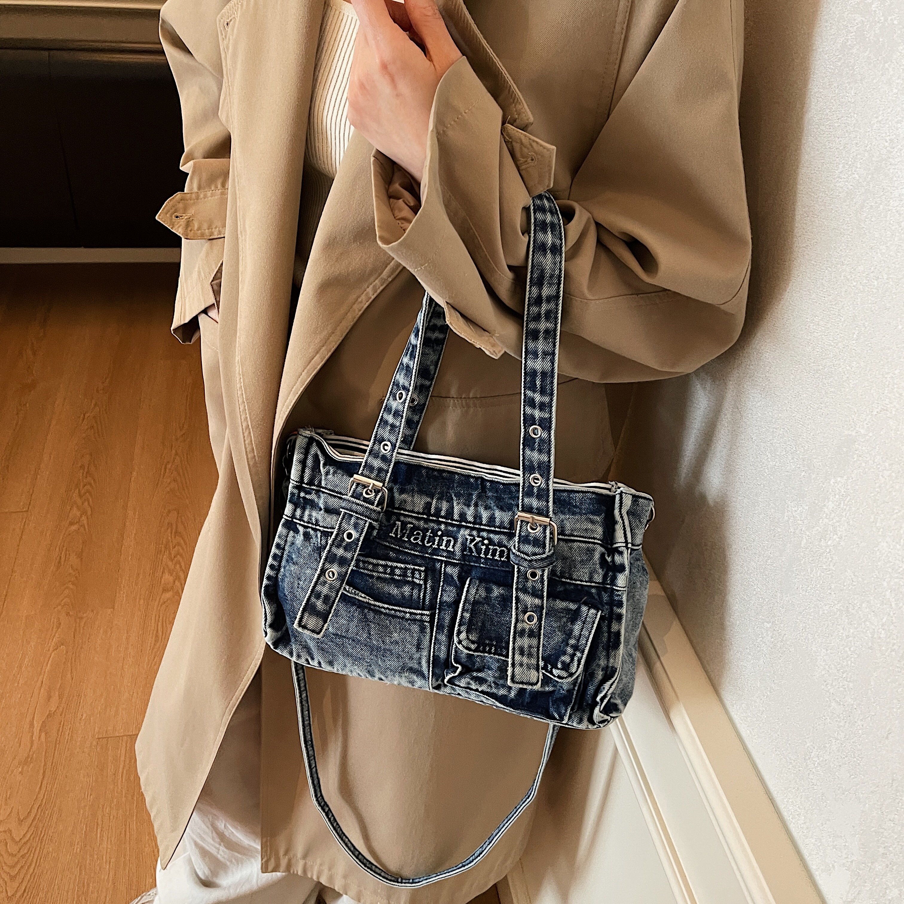 2025新款小众设计复古水洗牛仔包女大容量单肩包托特包手提购物袋