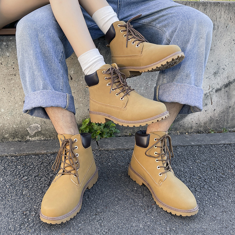 情侣百搭高帮马丁靴女踢不烂大黄靴男工装短靴中帮厚底大码机车靴,女鞋,马丁靴,淘宝优惠券,粉丝福利购,淘宝优惠卷