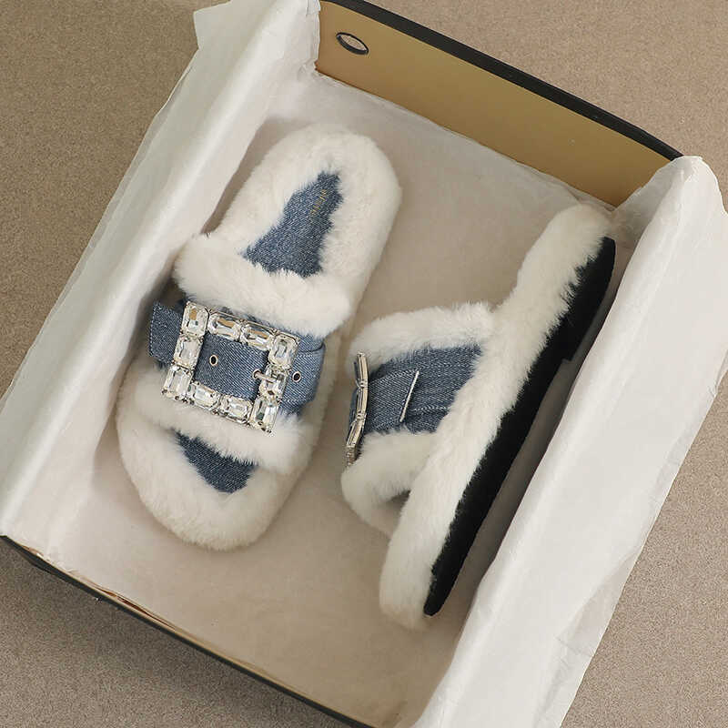 大码毛毛拖鞋新款增高水钻一字拖